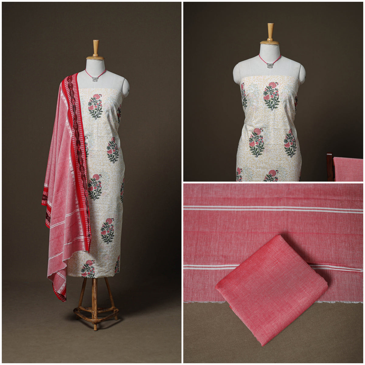 Sanganeri Block Print Cotton Unstitched Dress Material: Kurta, Bottom & Dupatta with Jewellery 15