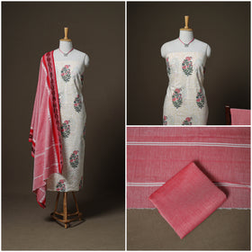 Sanganeri Block Print Cotton Unstitched Dress Material: Kurta, Bottom & Dupatta with Jewellery 15
