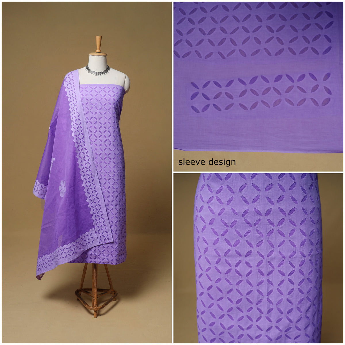 Barmer Applique Cutwork Cotton Unstitched Dress Material: Kurta, Bottom & Dupatta 14