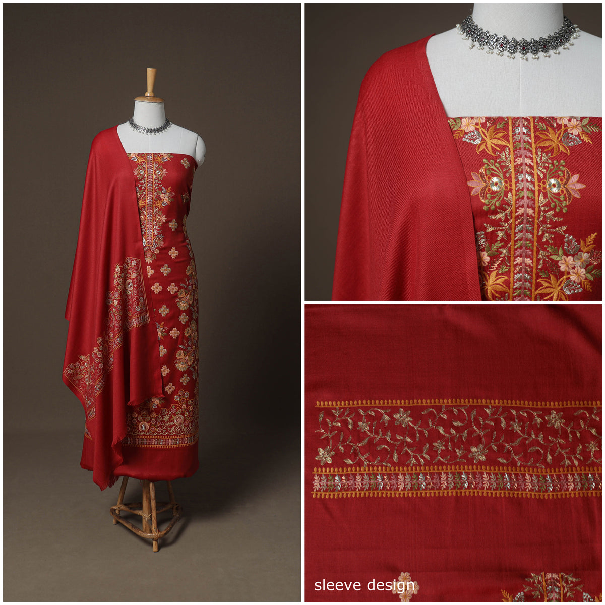 Woolen Heavy Embroidered Unstitched Dress Material: Kurta, Bottom & Dupatta 34