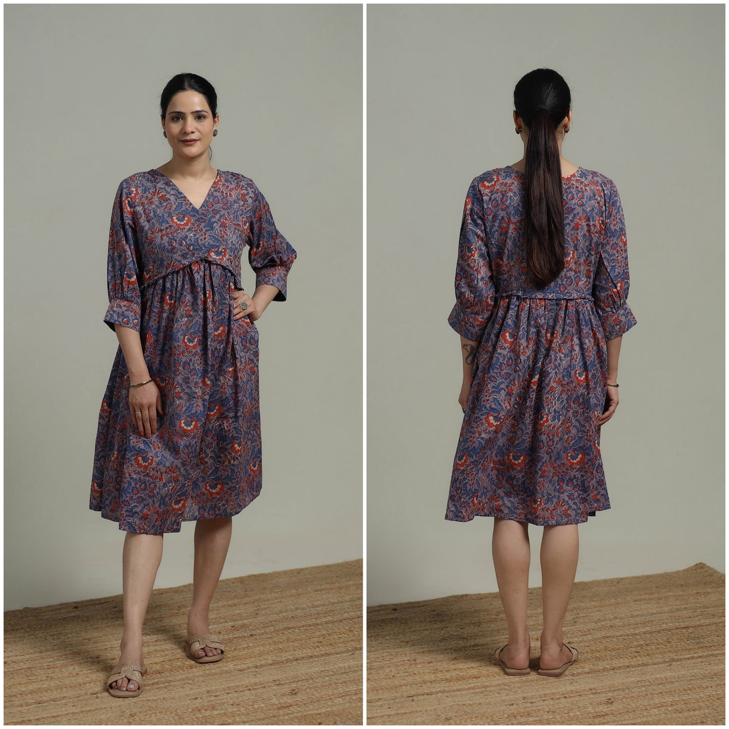 Purple - Sanganeri Hand Block Print Pure Cotton Angrakha Flared Dress 13