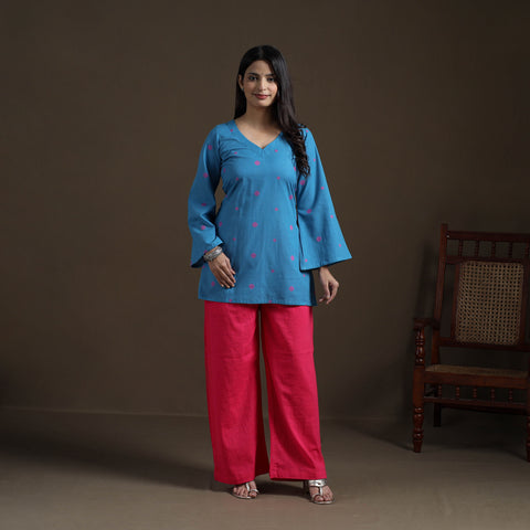 Blue - Cotton Short Jacquard Kurta for Women 13