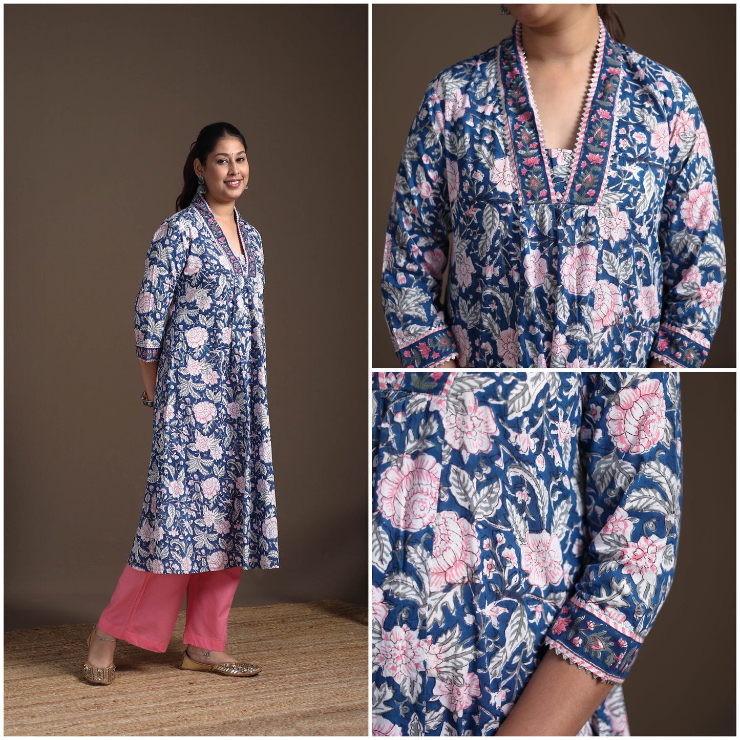 Floral Sanganeri Block Print Cotton A-Line Long Kurta for Women 10