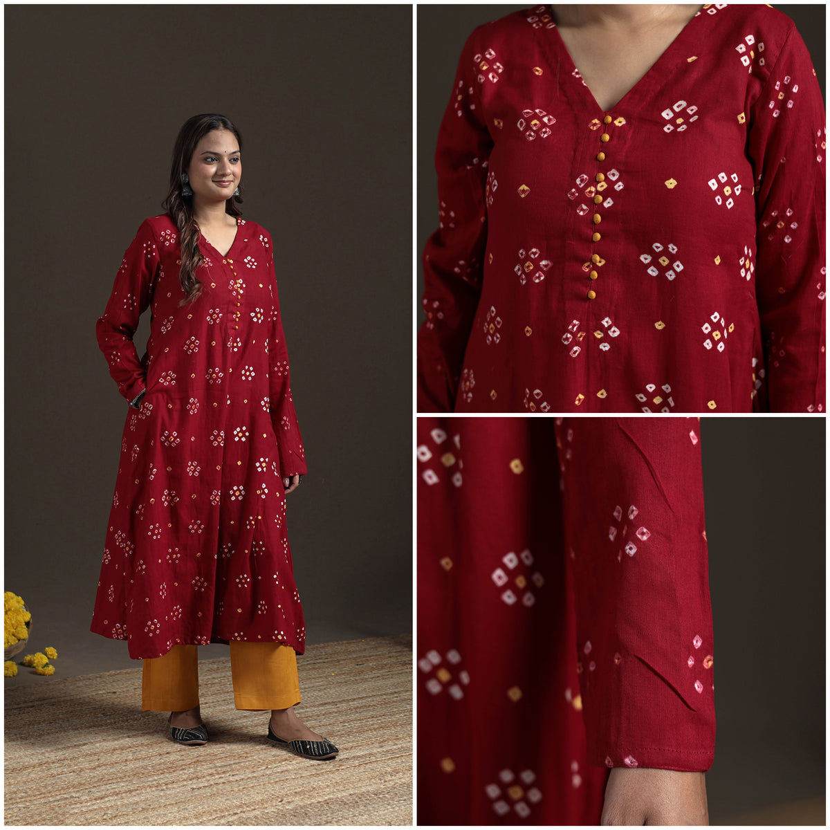 Bandhani Tie-Dye Cotton A-Line Long Kurta for Women 04
