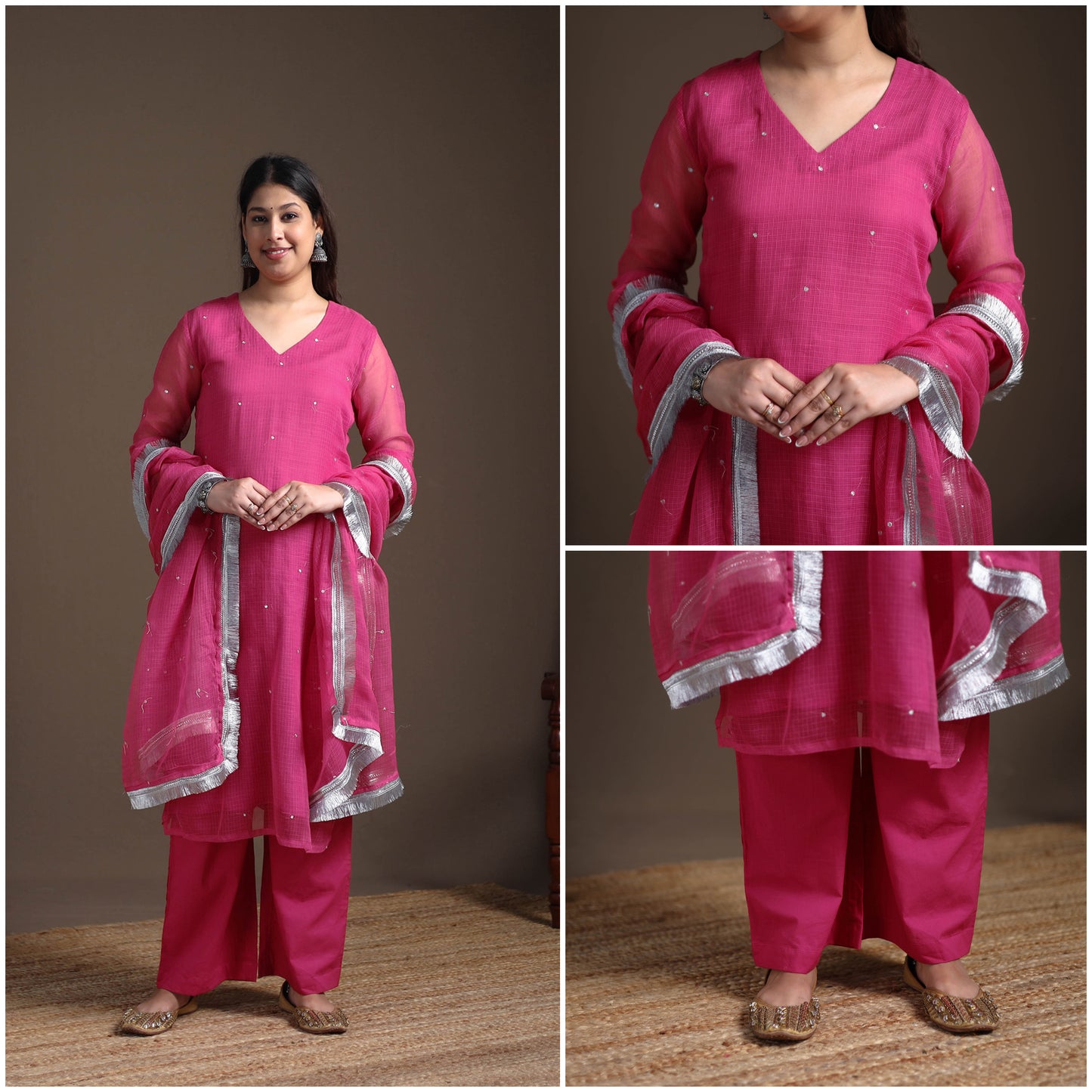 Sequin Work Plain Kota Doria Cotton Suit Set with Lace Work Dupatta for Women 01