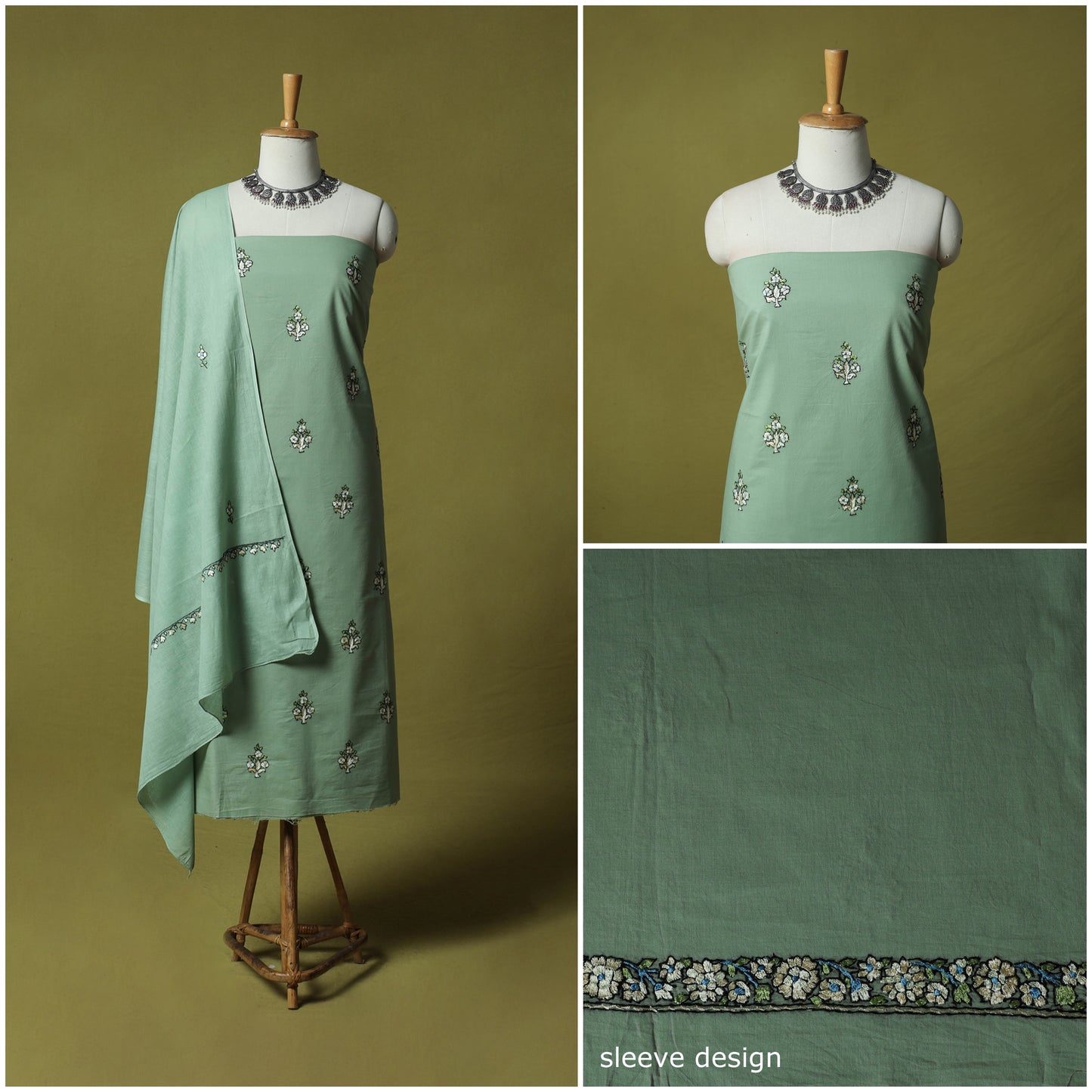 Green - Hand Embroidered Cotton Kashida 3pc Unstitched Dress Material Suit Set 50