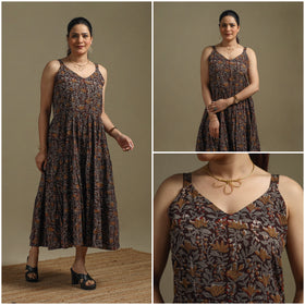 Hand Block Print Natural Dyed Cotton Tiered Bagru Dress 06