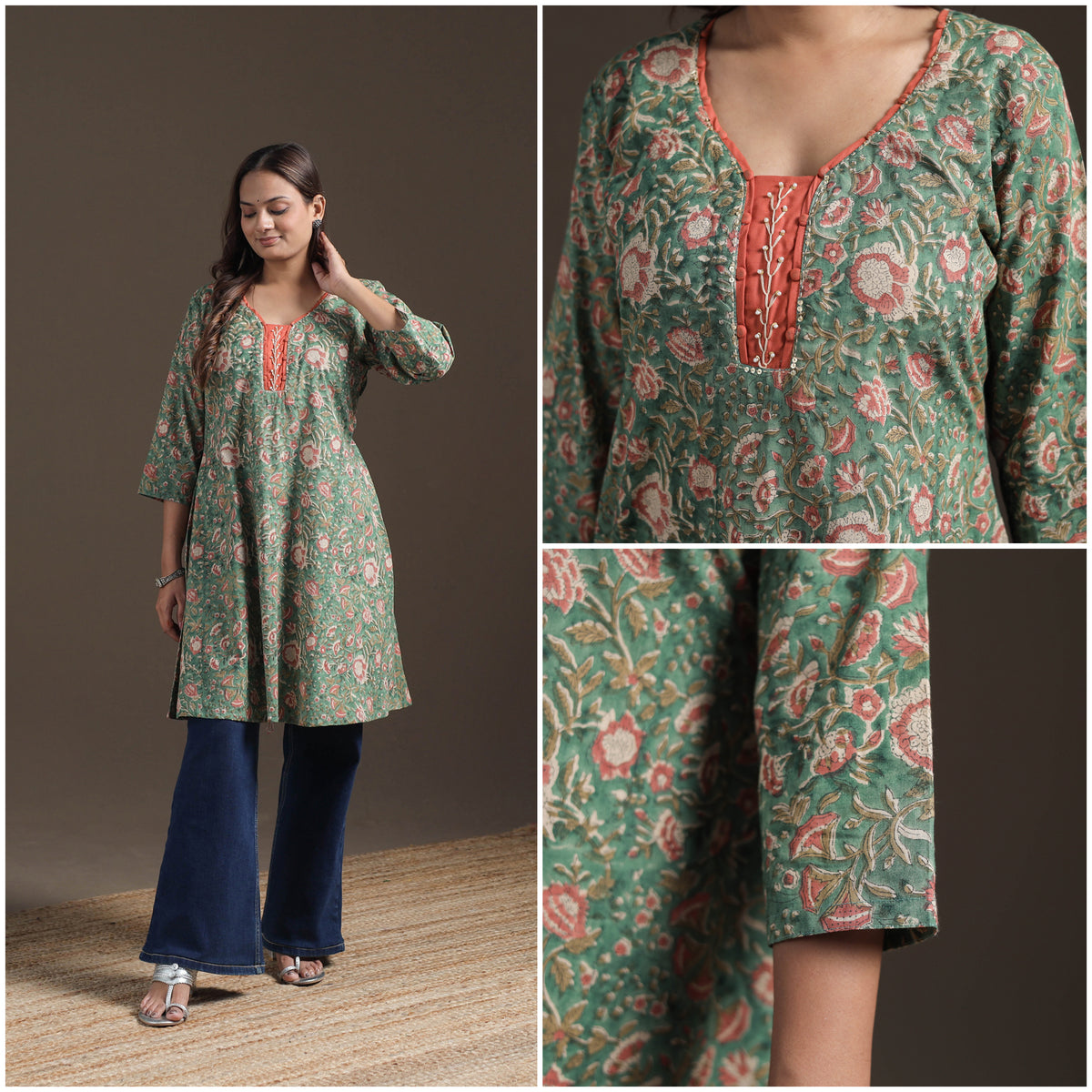 Sequin Work Sanganeri Floral Print Cotton A-Line Kurta for Women 09