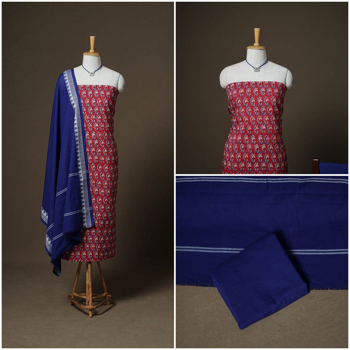 Sanganeri Block Print Cotton Unstitched Dress Material: Kurta, Bottom & Dupatta with Jewellery 07