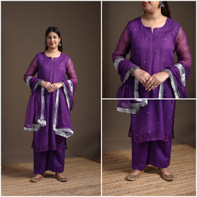 Sequin Work Plain Kota Doria Cotton Suit Set with Lace Work Dupatta for Women 11