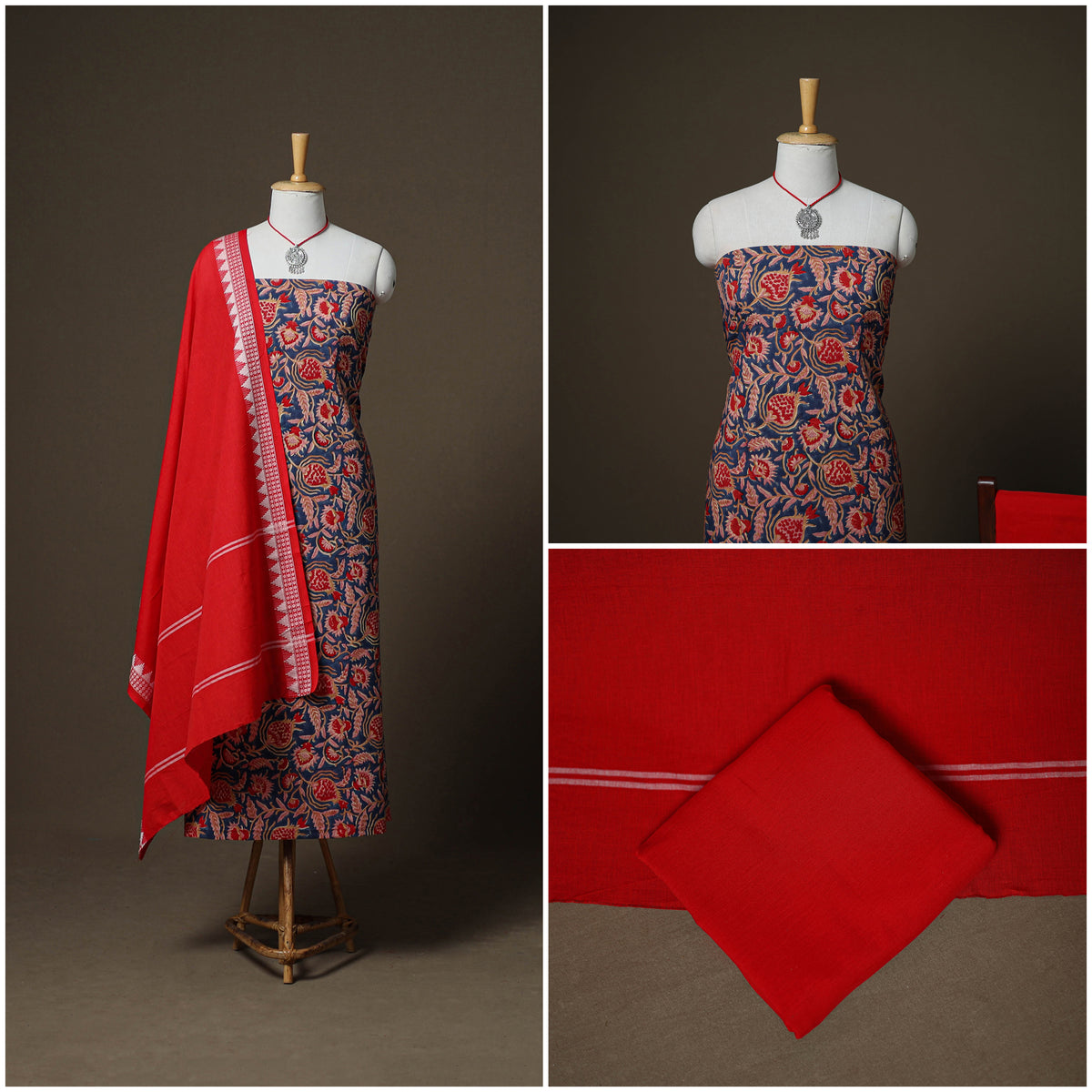 Sanganeri Block Print Cotton Unstitched Dress Material: Kurta, Bottom & Dupatta with Jewellery 29