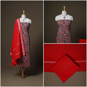 Sanganeri Block Print Cotton Unstitched Dress Material: Kurta, Bottom & Dupatta with Jewellery 29