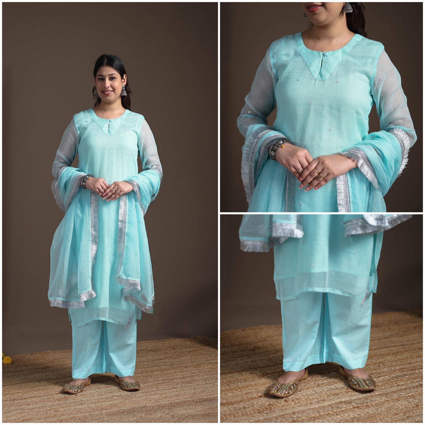 Sequin Work Plain Kota Doria Cotton Suit Set with Lace Work Dupatta for Women 19