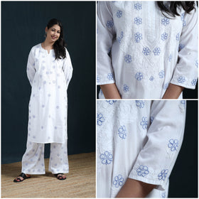White - Hand Embroidered Mul Cotton Chikankari Kurta with Palazzo Set for Women 32