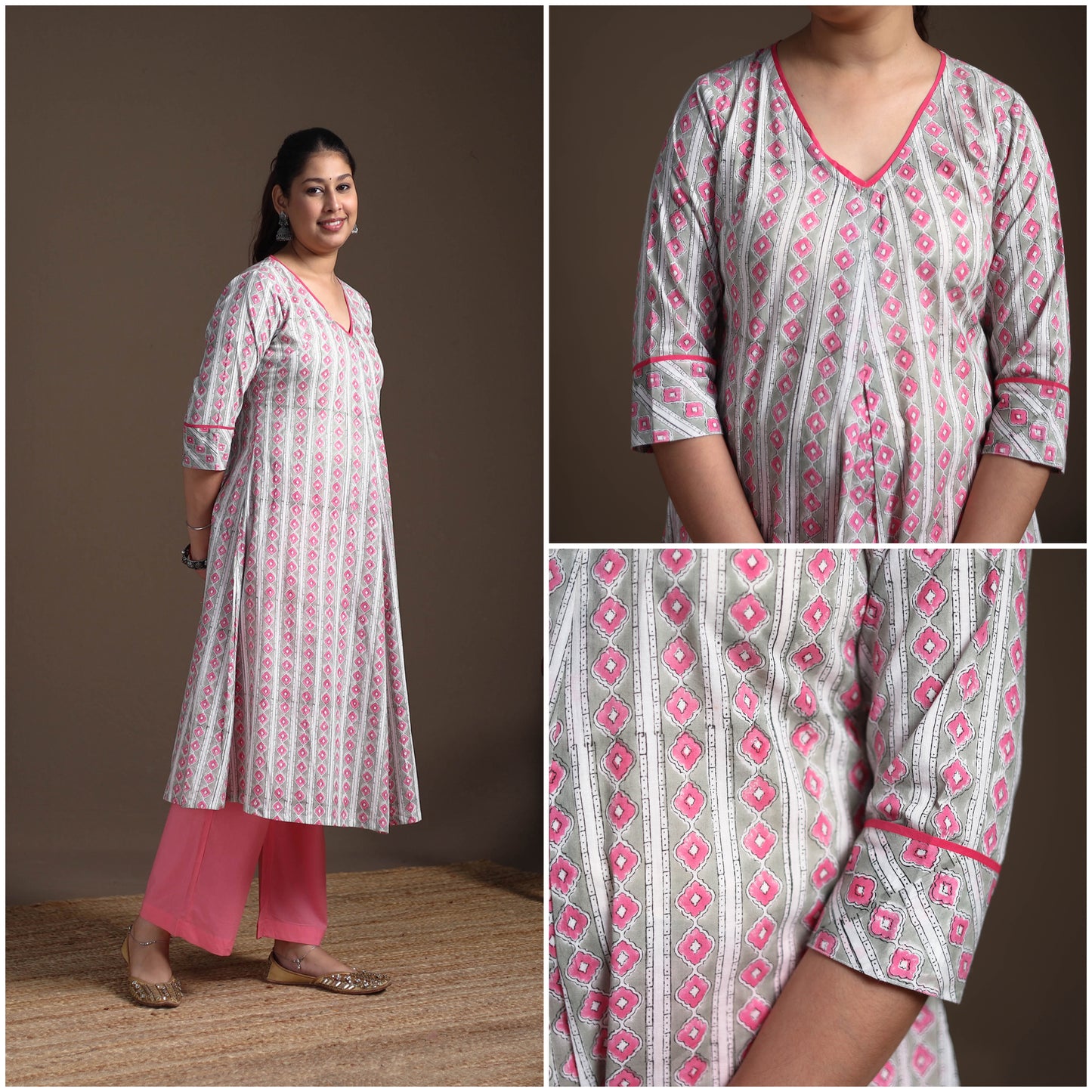 Gota Work Floral Sanganeri Block Print Cotton A-Line Long Kurta for Women 14