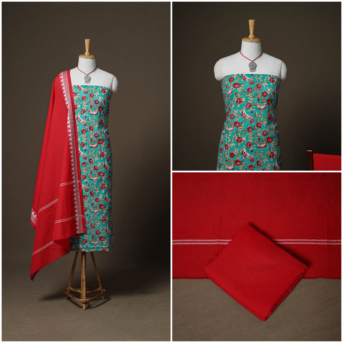 Sanganeri Block Print Cotton Unstitched Dress Material: Kurta, Bottom & Dupatta with Jewellery 23