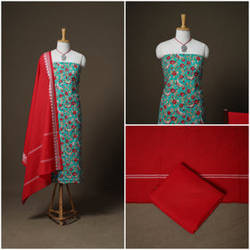 Sanganeri Block Print Cotton Unstitched Dress Material: Kurta, Bottom & Dupatta with Jewellery 23