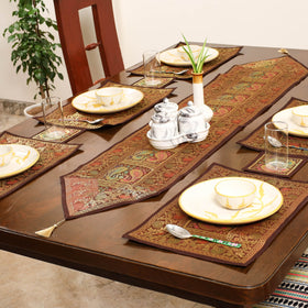 Brown - 13pc dining table linen set in brocade banarasi