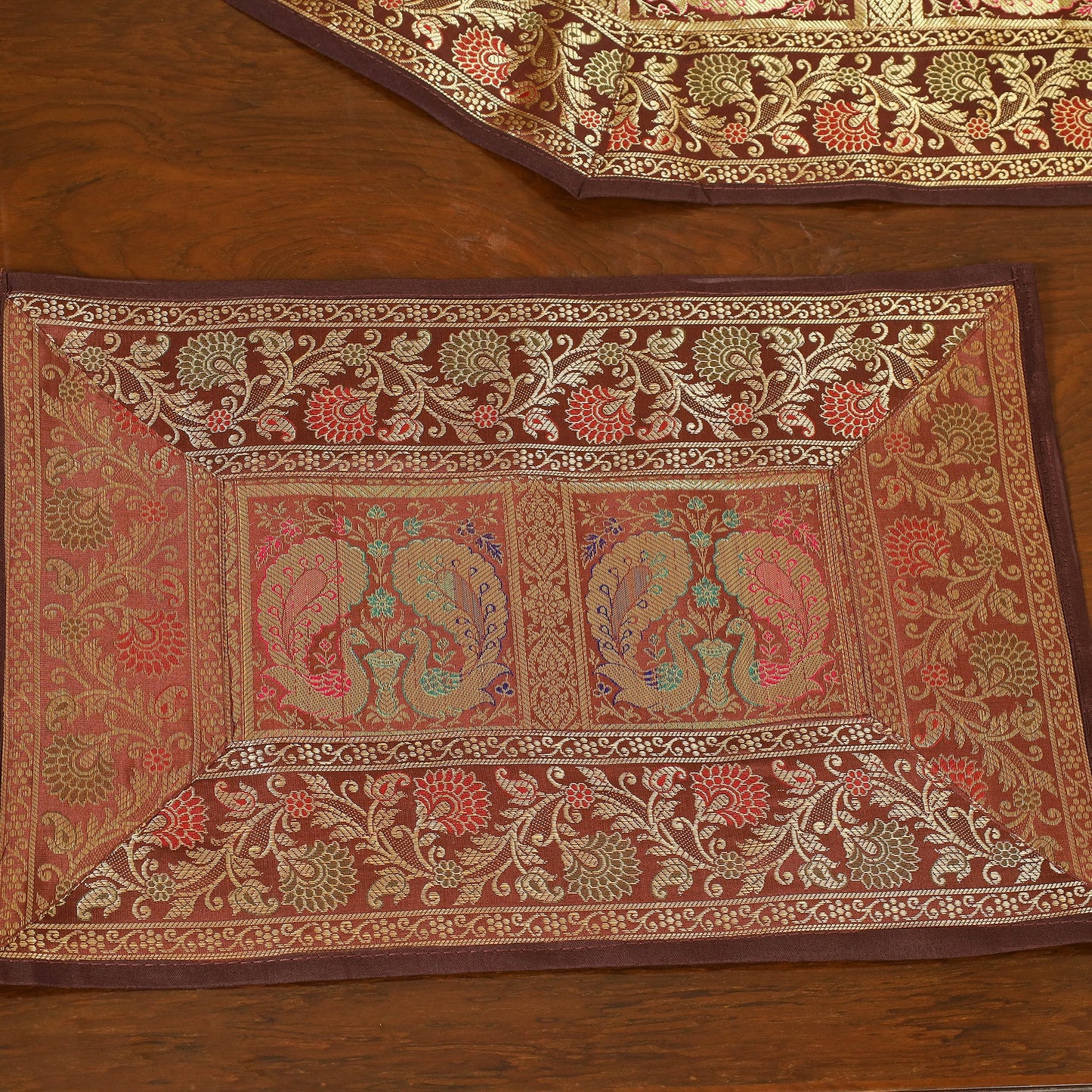 Brown - 13pc dining table linen set in brocade banarasi