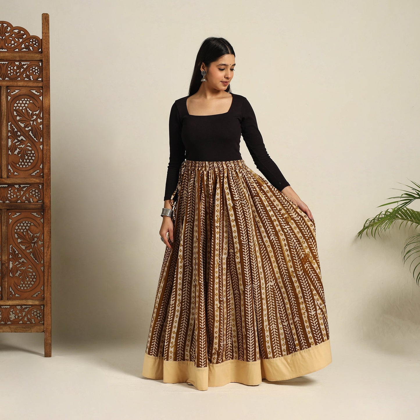 Brown 24 Kali Patchwork Batik Print Cotton Long Skirt