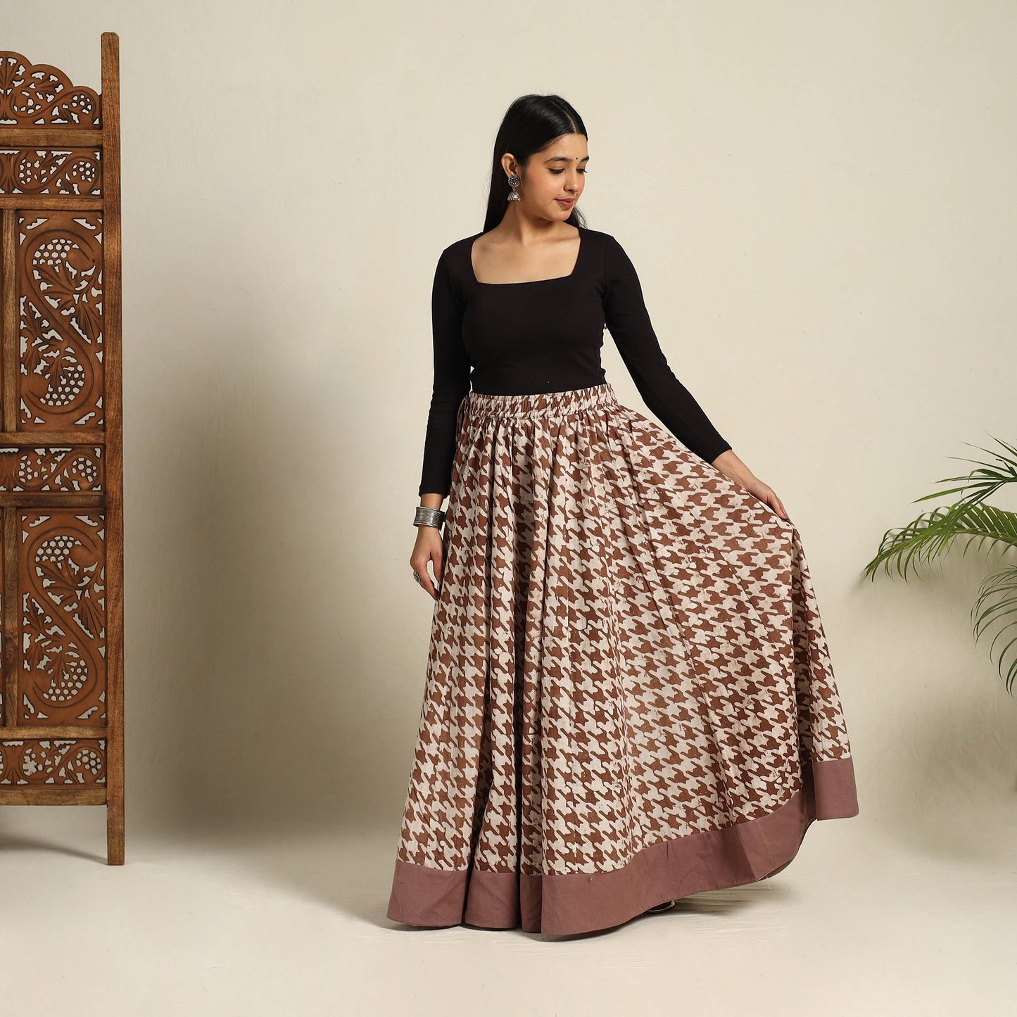 Buy 24 Kali Brown Patchwork Batik Print Cotton Long Skirt