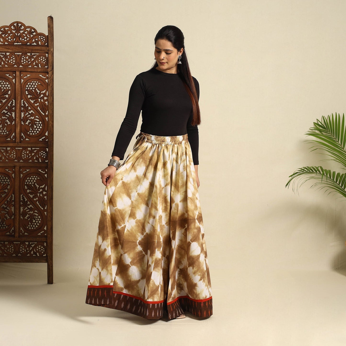  24 Kali Brown Patchwork Cotton Long Shibori Tie-Dye Skirt