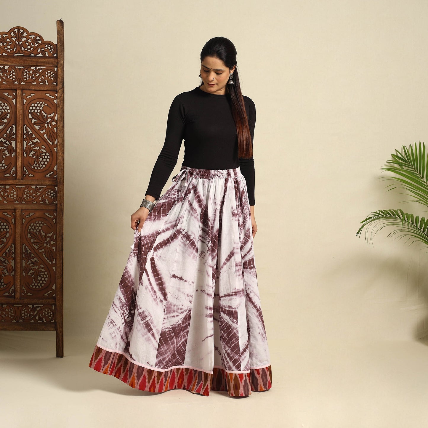  24 Kali Brown Patchwork Cotton Long Shibori Tie-Dye Skirt