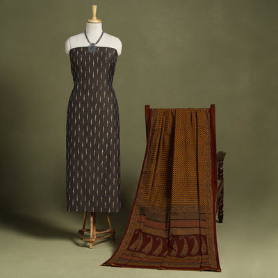 Brown 2pc Cotton Pochampally Ikat Kurta with Bagh Dupatta