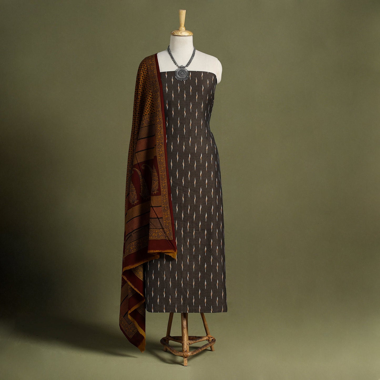 Brown 2pc Cotton Pochampally Ikat Kurta with Bagh Dupatta