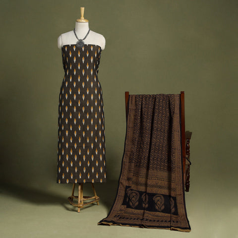 Brown 2pc Cotton Pochampally Ikat Kurta with Bagh Dupatta