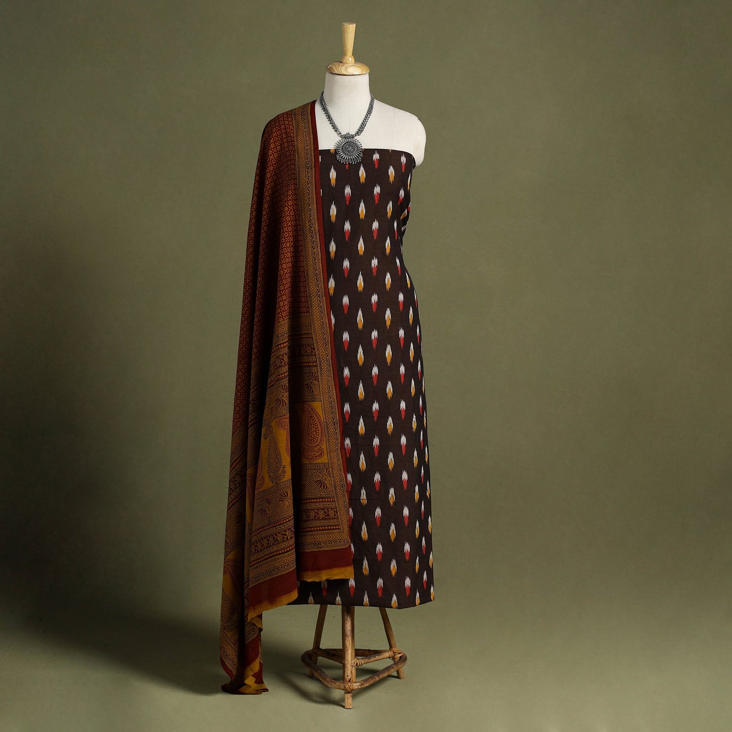 Brown 2pc Cotton Pochampally Ikat Kurta with Bagh Dupatta