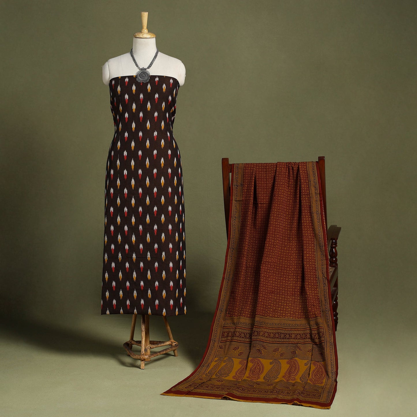 Brown 2pc Cotton Pochampally Ikat Kurta with Bagh Dupatta