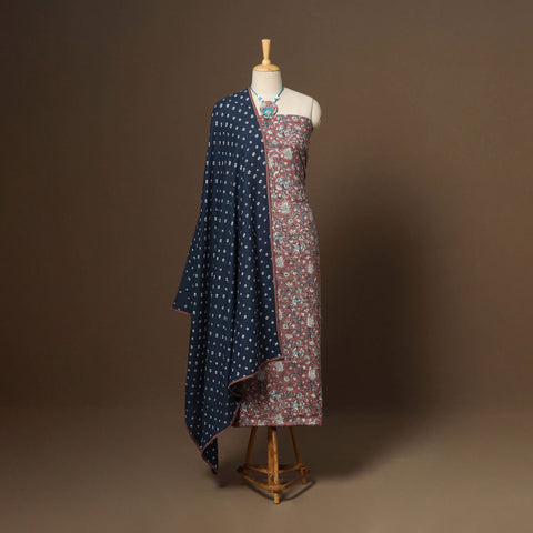 Brown - 2pc cotton unstitched sanganeri dress material