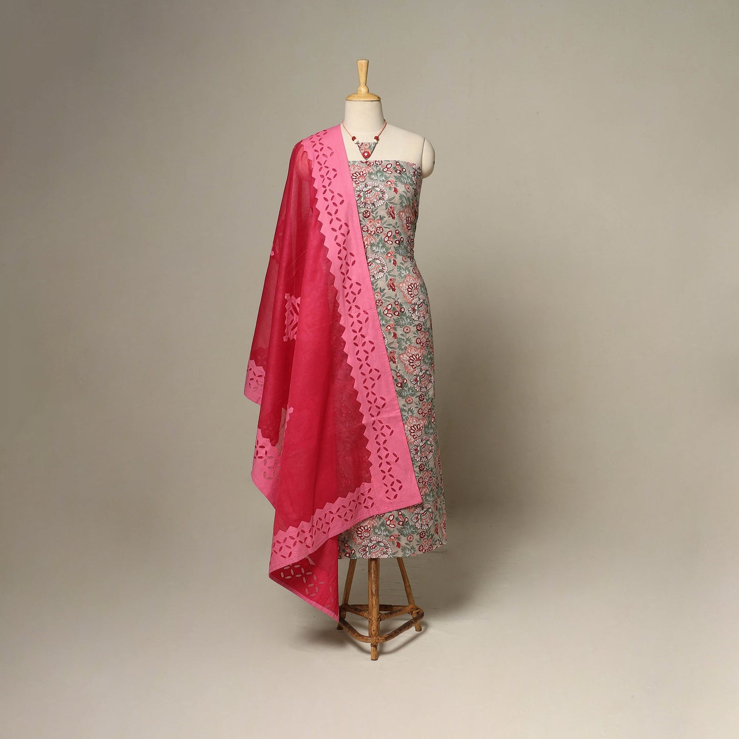 Brown - 2pc cotton unstitched sanganeri dress material