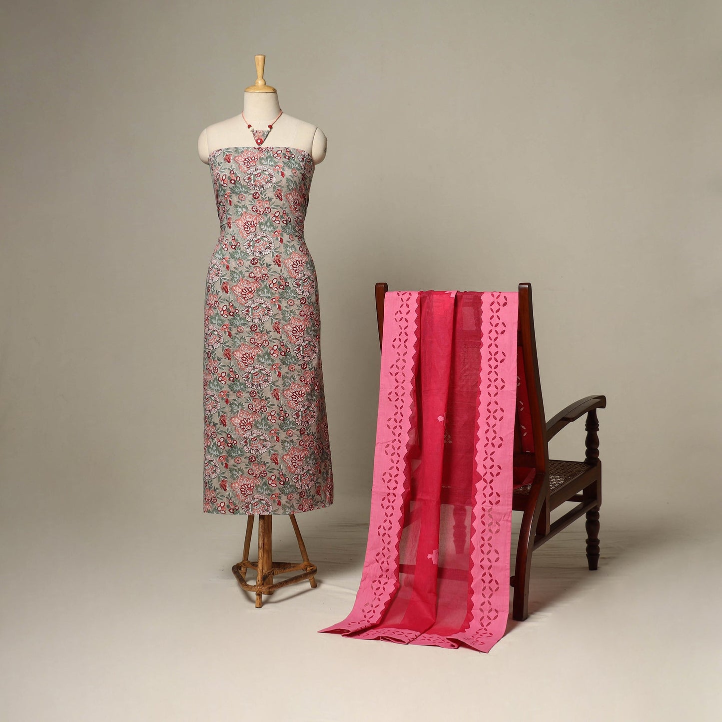 Brown - 2pc cotton unstitched sanganeri dress material