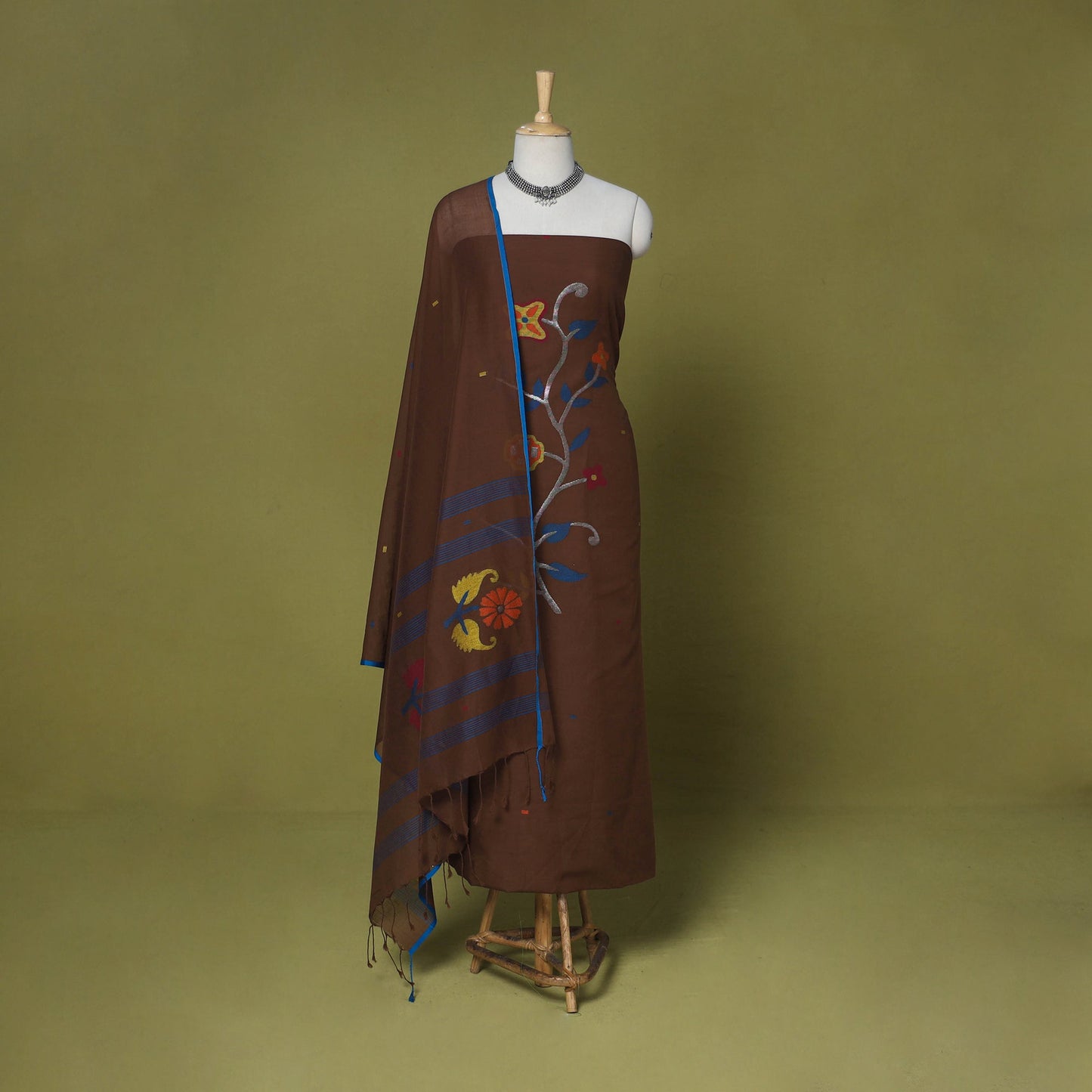 Brown - 2pc handloom cotton unstitched phulia jamdani dress