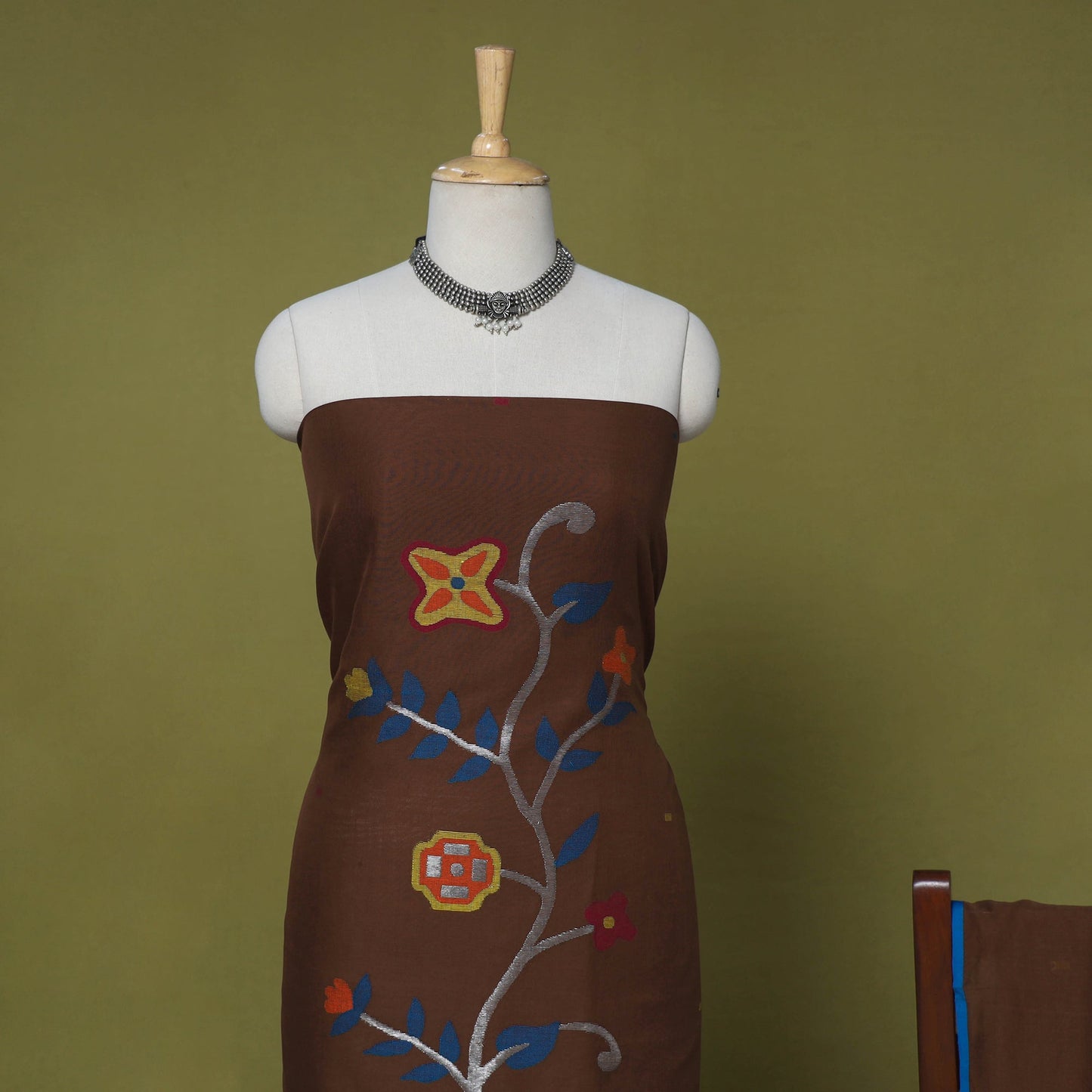 Brown - 2pc handloom cotton unstitched phulia jamdani dress