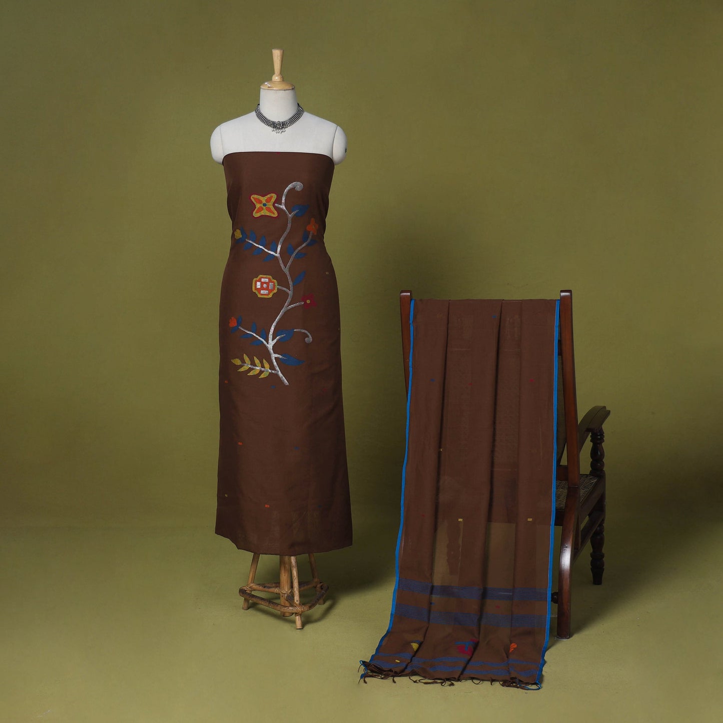 Brown - 2pc handloom cotton unstitched phulia jamdani dress