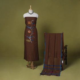 Brown - 2pc handloom cotton unstitched phulia jamdani dress