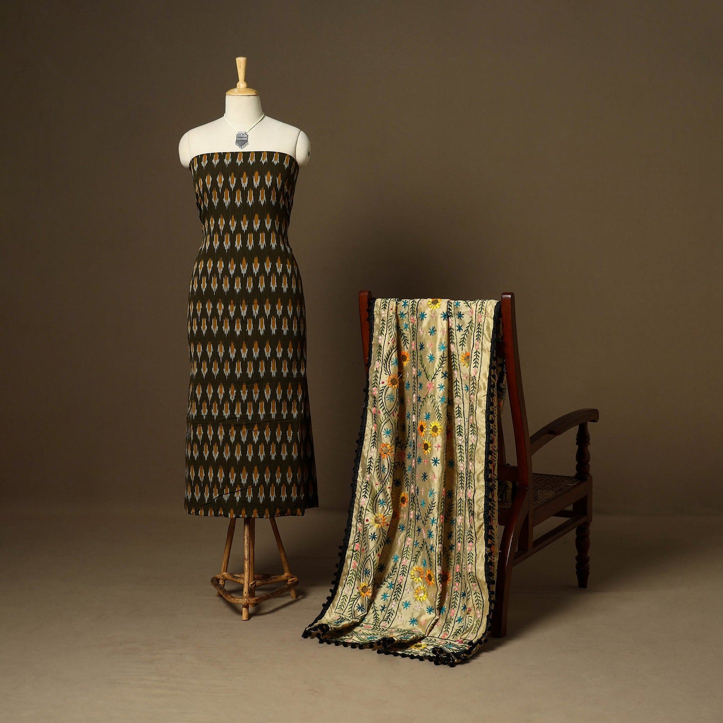 Brown - 2pc handloom cotton unstitched pochampally ikat