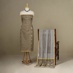 Brown - 2pc Handloom Flower Zari Buta Unstitched Chanderi Silk Dress Material