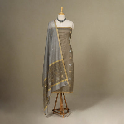 Brown - 2pc Handloom Flower Zari Buta Unstitched Chanderi Silk Dress Material