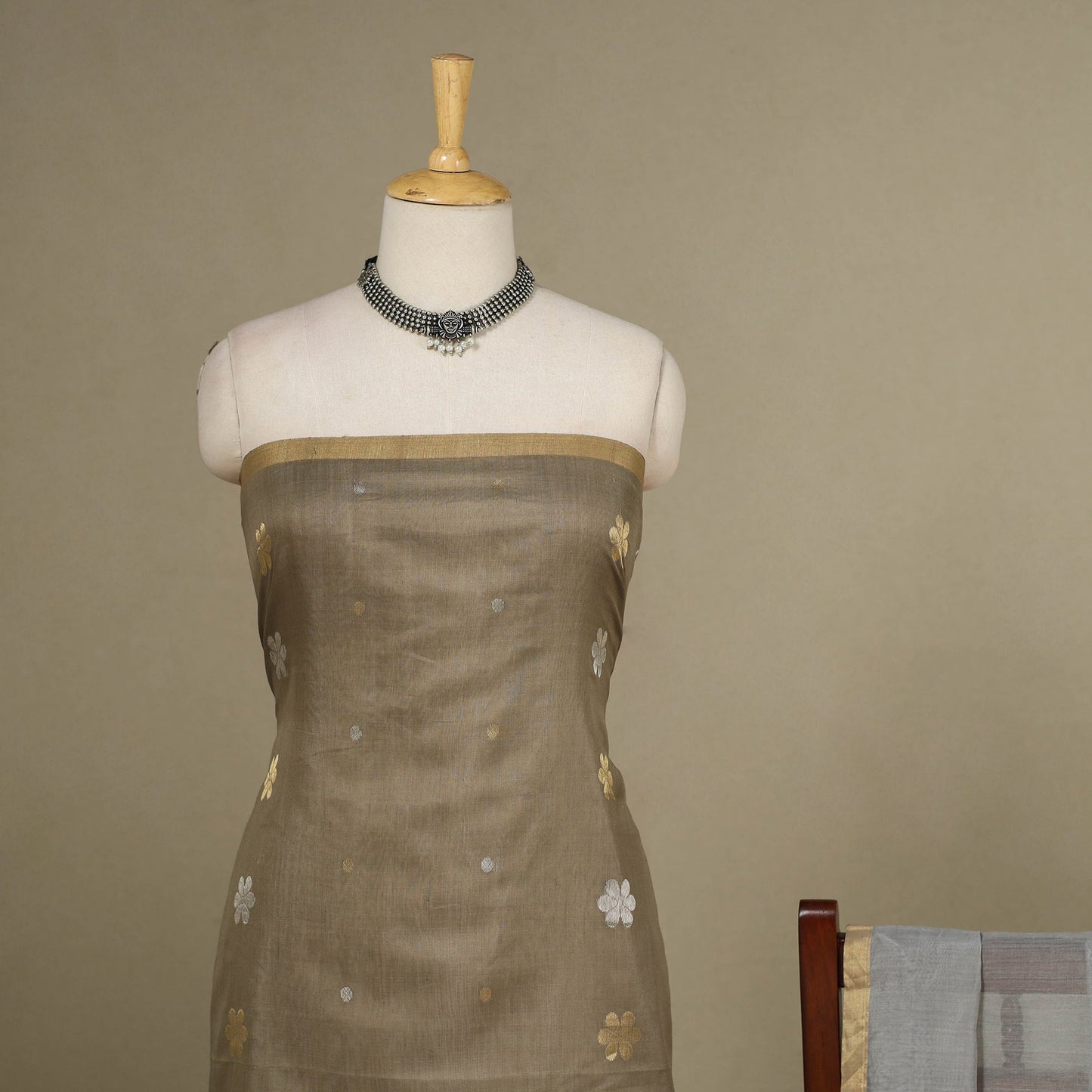 Brown - 2pc Handloom Flower Zari Buta Unstitched Chanderi Silk Dress Material