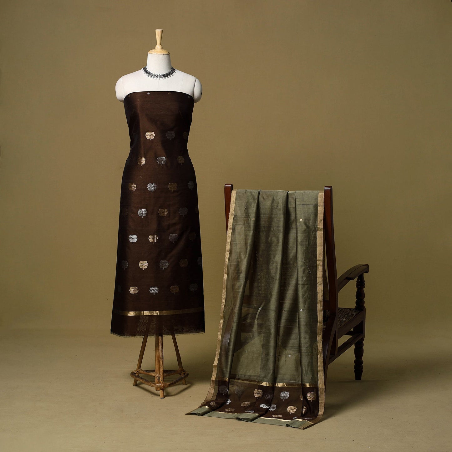 2pc handloom zari buta unstitched chanderi silk dress