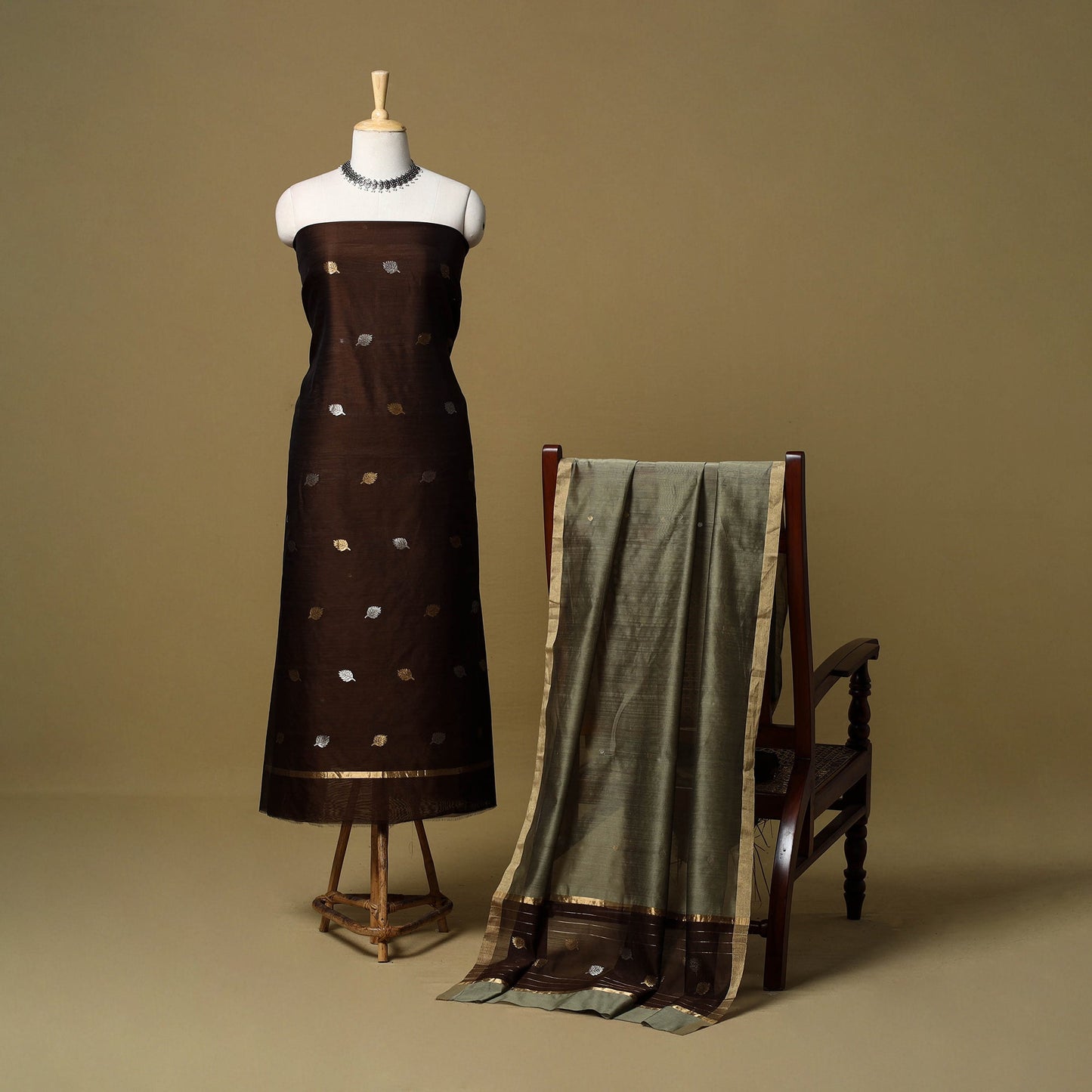 2pc handloom zari buta unstitched chanderi silk dress