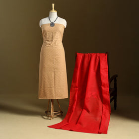 Brown 2pc Jacquard Cotton Kurta with Applique Dupatta