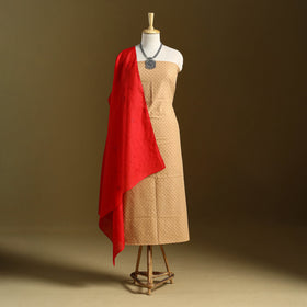 Brown 2pc Jacquard Cotton Kurta with Applique Dupatta