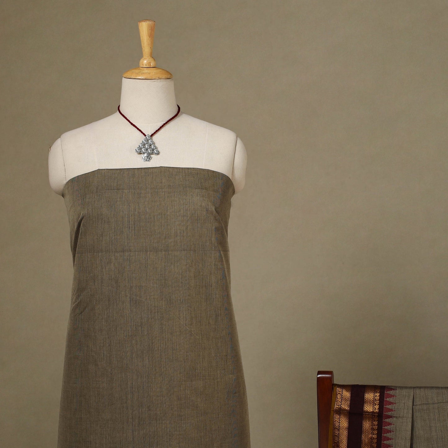 Brown 2pc Kandangi Chettinad Dress Material with Jewellery Set