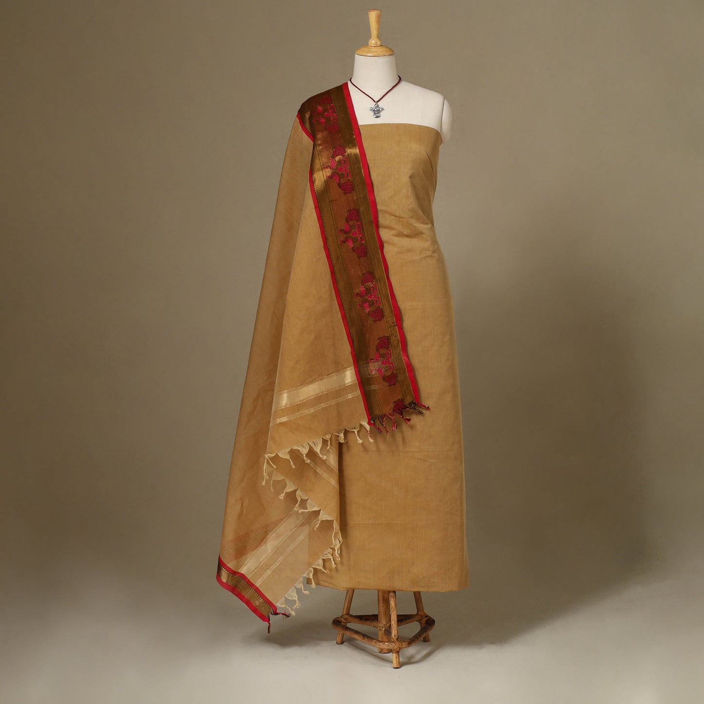 Brown 2pc Kandangi Chettinad Dress Material with Jewellery Set