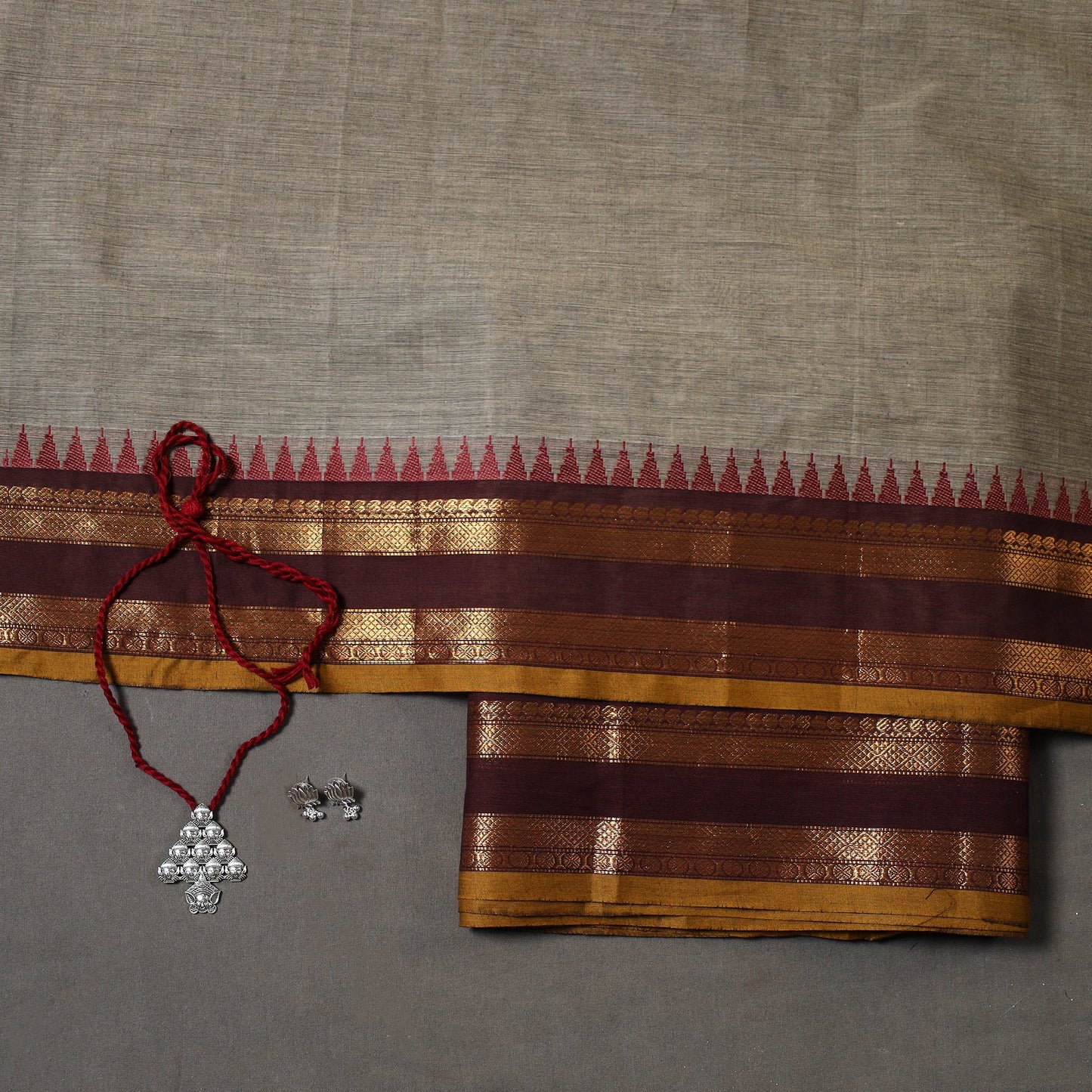 Brown 2pc Kandangi Chettinad Dress Material with Jewellery Set